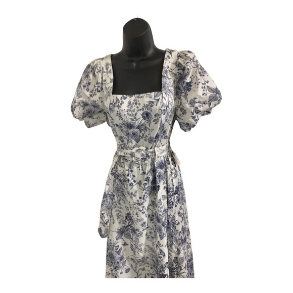 Cream blue floral‎ puff sleeve belted smocked square neck nap dress size medium - Picture 17 of 17